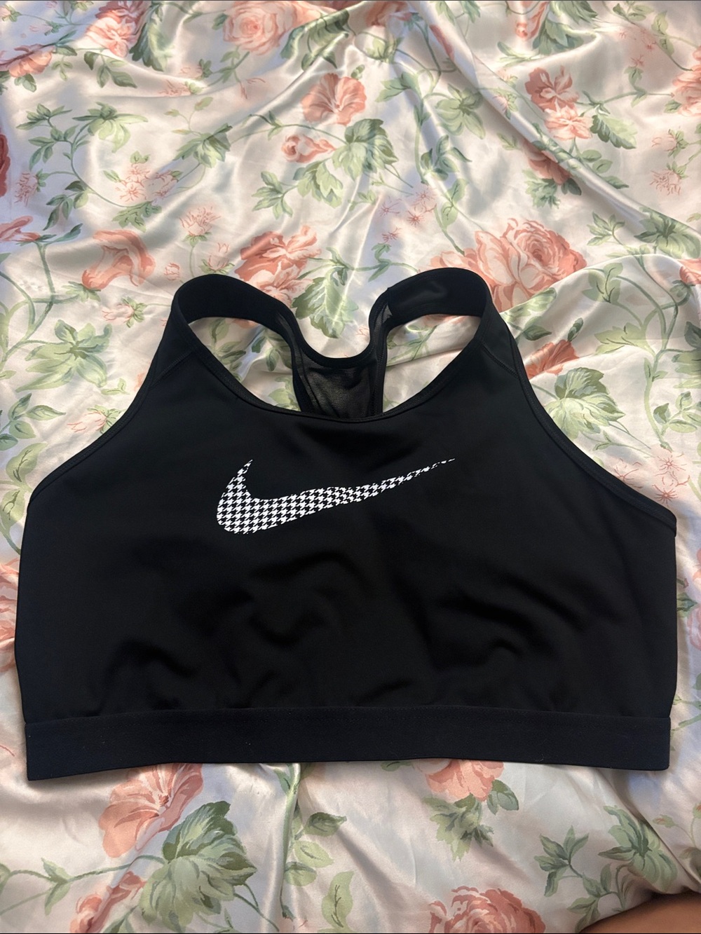 Nike Black Racerback Sports Bra with White Houndstooth Swoosh Logo